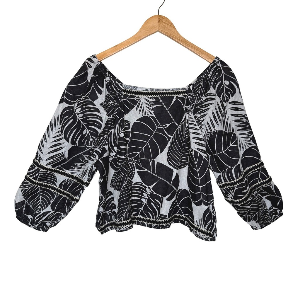 Cynthia Rowley 100% Linen Blouse Medium Black White Tropical Leaf Boho Resort